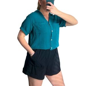Love Notes gauze 100% cotton teal blue green short sleeve button down crop Med